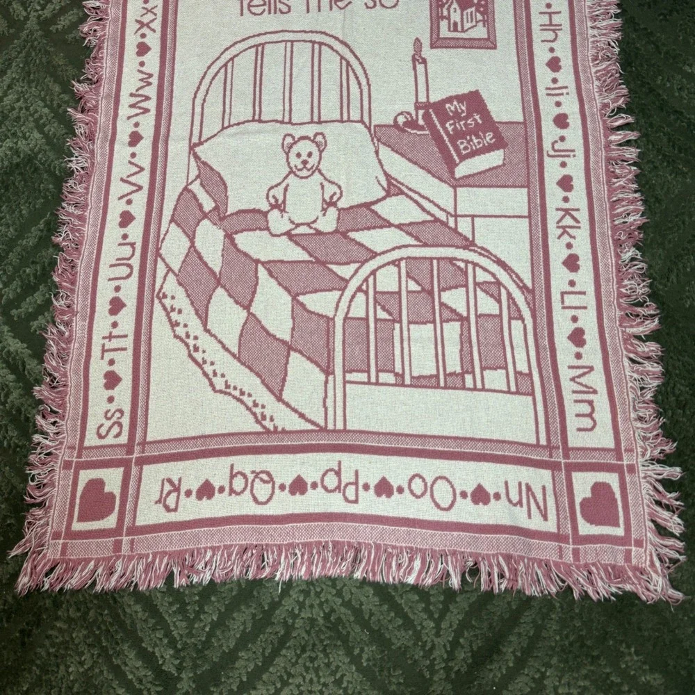 Jesus Loves Me Woven Tapestry Throw Blanket Pink Alphabet Nursery Religious